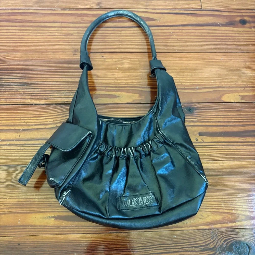 MKMX Black Faux Leather Slouchy Shoulder Bag Handbag Pocket Y2K Vintage Style
